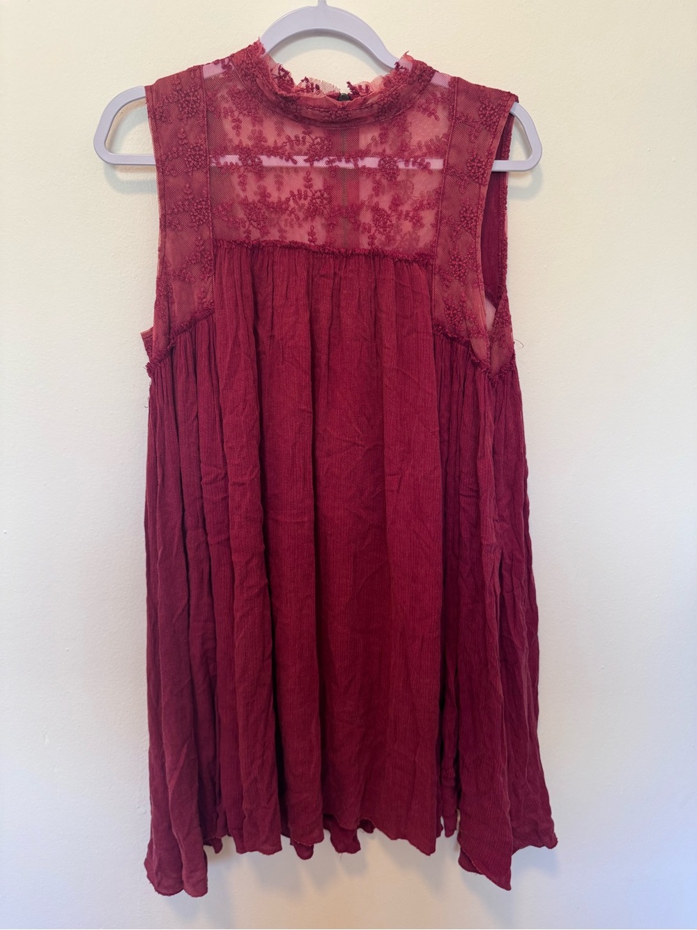 Babydoll Lace Yoke Sleeveless Dress - Burgundy